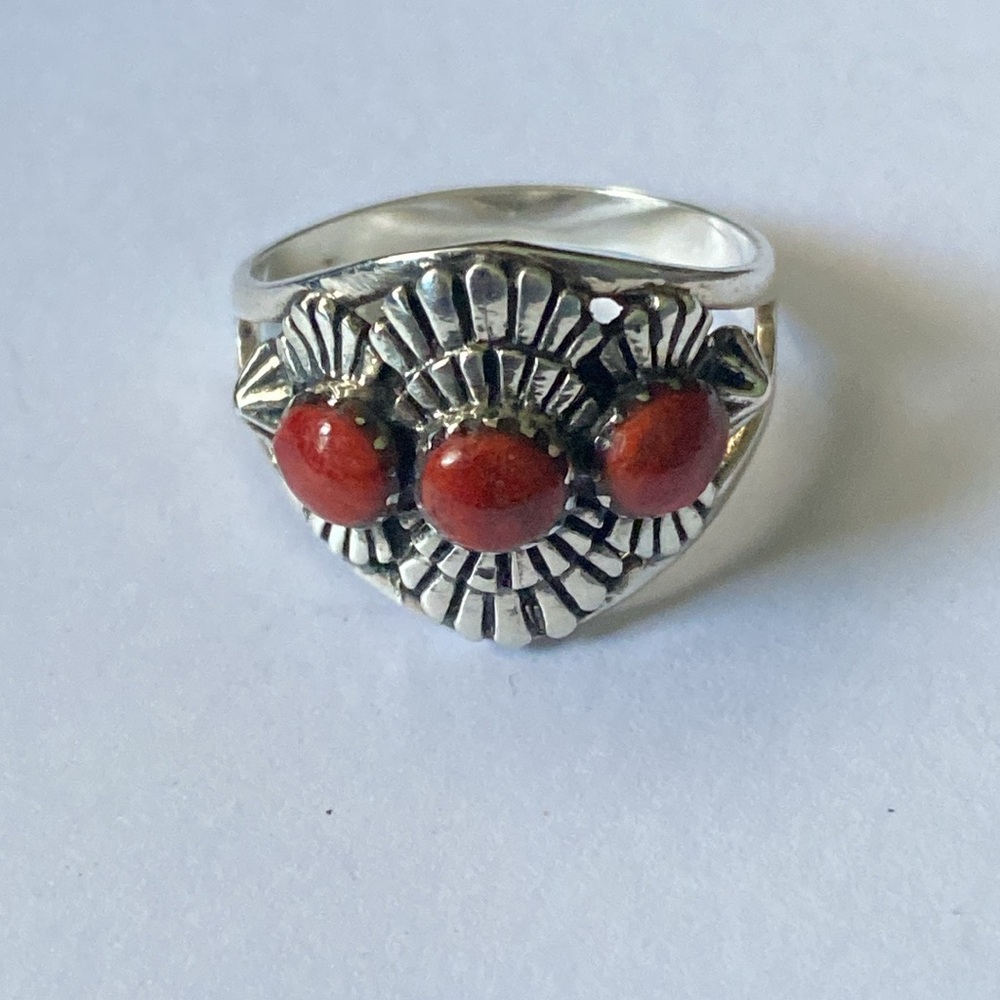 Sterling Silver Coral 3 Stone Ring